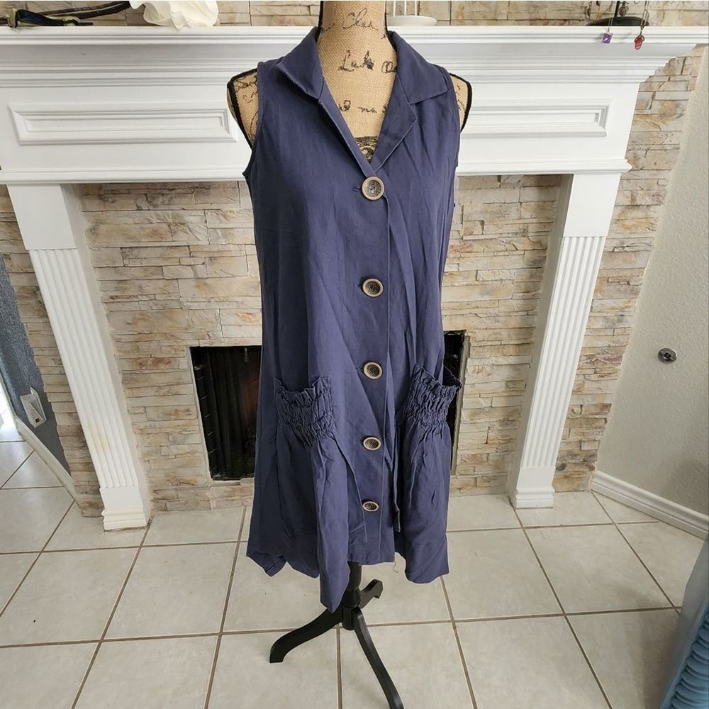For Cynthia Navy Linen Blend Kimono Dress Size Large, XS NEW!!!‎